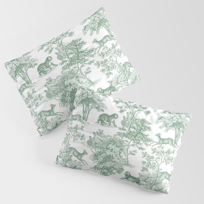 Toile de Jouy Vintage French Exotic Jungle Forest Green & White Pillow Sham Gallery Image 3