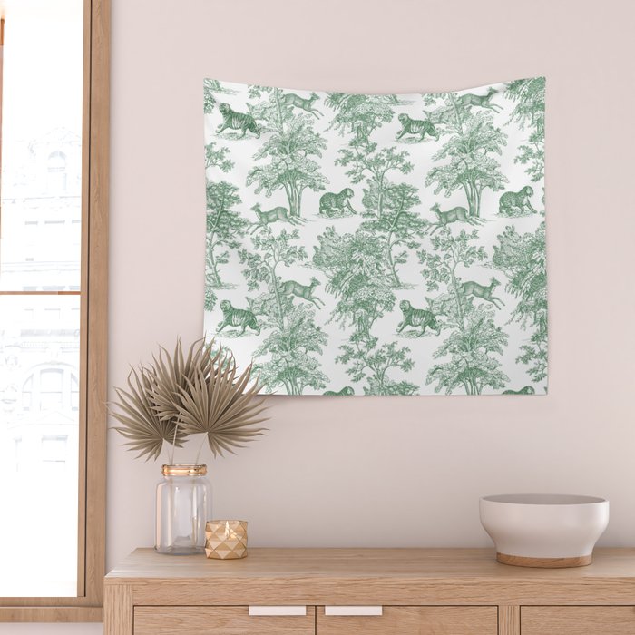 Toile de Jouy Vintage French Exotic Jungle Forest Green & White Wall Tapestry Gallery Image 2