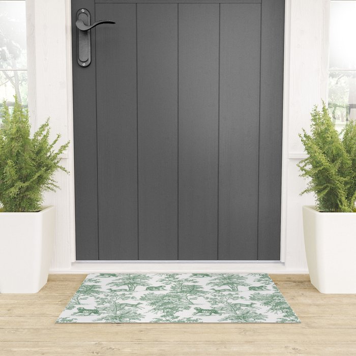 Toile de Jouy Vintage French Exotic Jungle Forest Green & White Welcome Mat Gallery Image 3