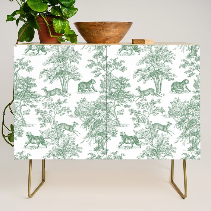 Toile de Jouy Vintage French Exotic Jungle Forest Green & White Credenza Gallery Image 1