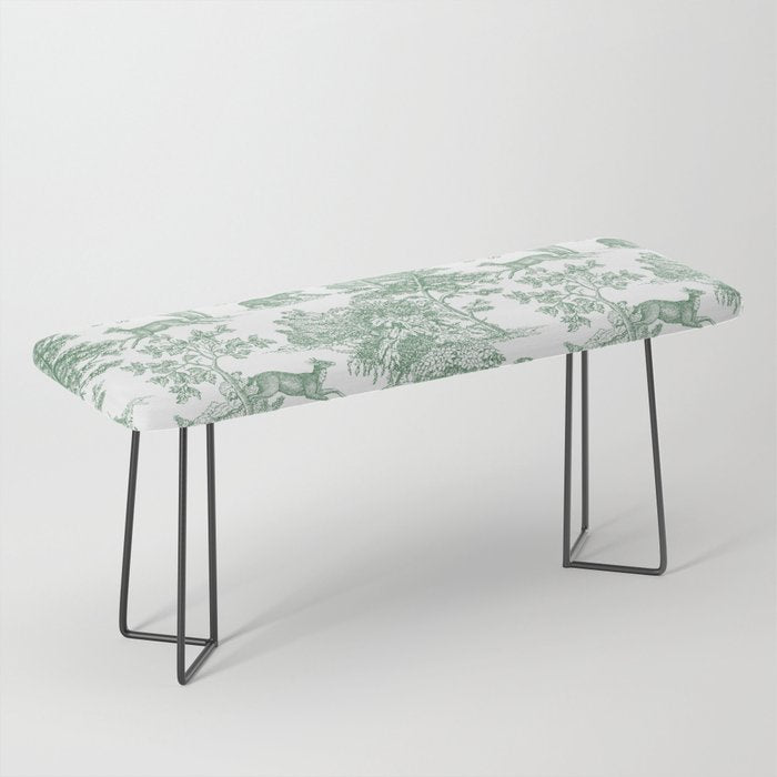 Toile de Jouy Vintage French Exotic Jungle Forest Green & White Bench Gallery Image 1