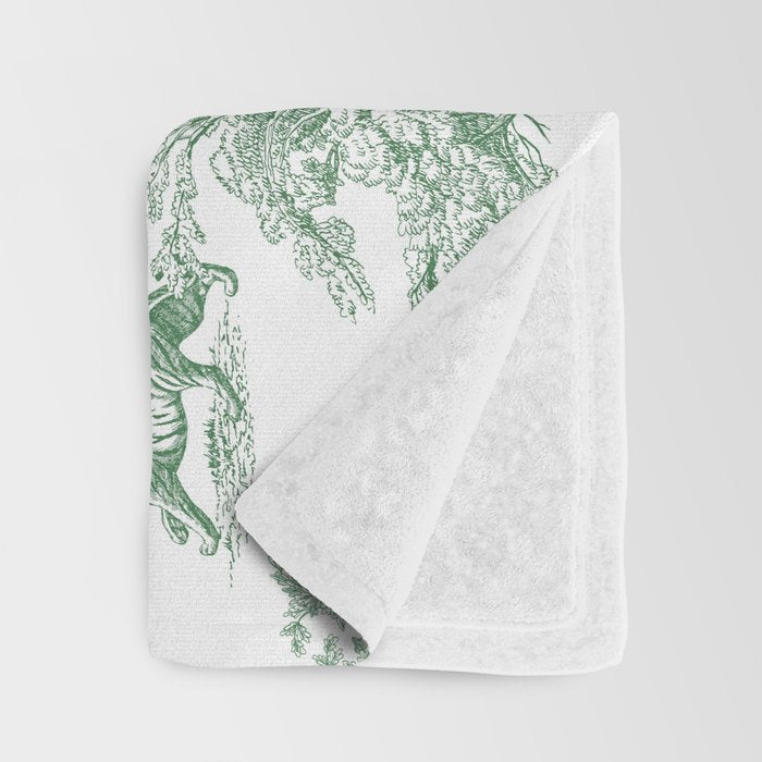 Toile de Jouy Vintage French Exotic Jungle Forest Green & White Throw Blanket Gallery Image 3