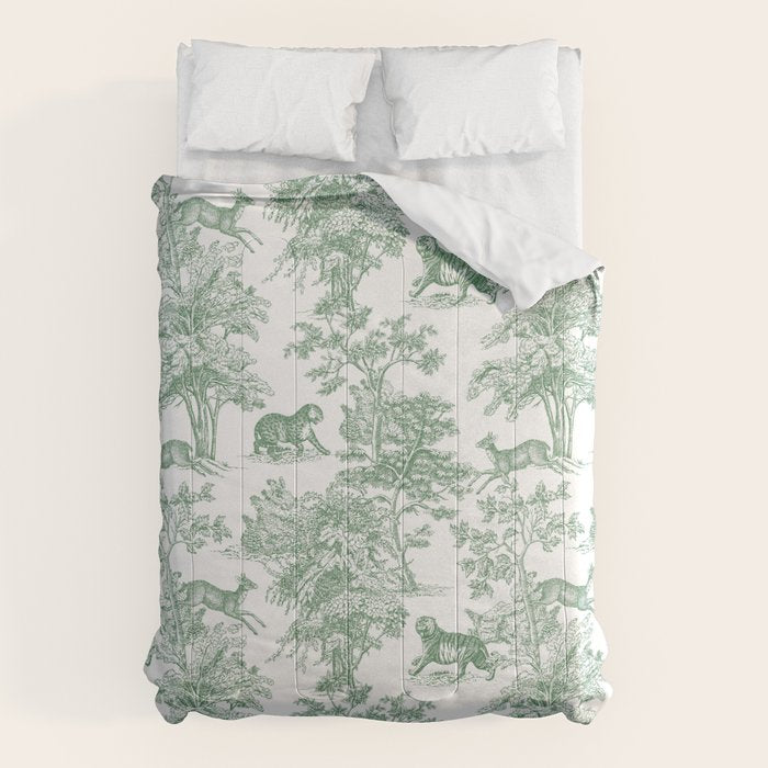 Toile de Jouy Vintage French Exotic Jungle Forest Green & White Comforter Gallery Image 6