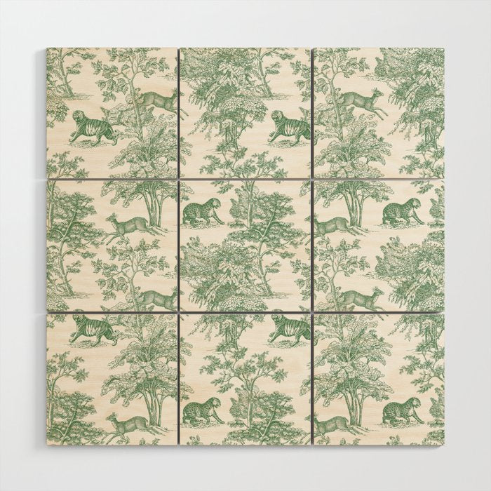 Toile de Jouy Vintage French Exotic Jungle Forest Green & White Wood Wall Art Gallery Image 1