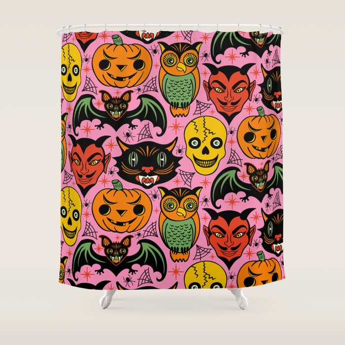 Retro Halloween in Pink - Skull Black Cat Devil Pumpkin Bat Owl Motifs Shower Curtain Gallery Image 1