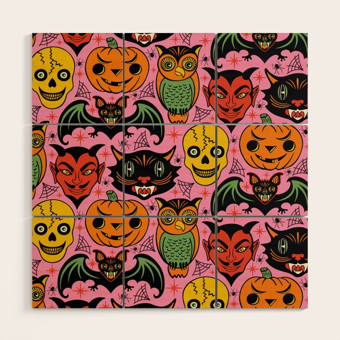 Retro Halloween in Pink - Skull Black Cat Devil Pumpkin Bat Owl Motifs Wood Wall Art Gallery Image 1