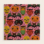 Retro Halloween in Pink - Skull Black Cat Devil Pumpkin Bat Owl Motifs Wood Wall Art Gallery Image 1