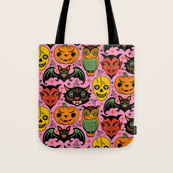 Retro Halloween in Pink - Skull Black Cat Devil Pumpkin Bat Owl Motifs Tote Bag Gallery Image 1