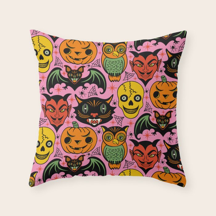 Retro Halloween in Pink - Skull Black Cat Devil Pumpkin Bat Owl Motifs Throw Pillow Gallery Image 6