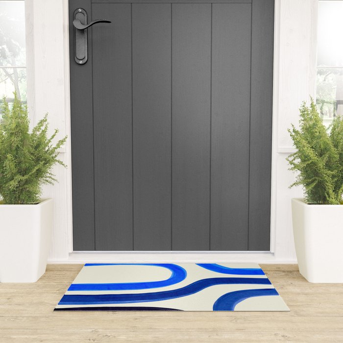 Electric Blues Fun Colorful Mid Century Modern Abstract Painting Shapes Pattern Welcome Mat Gallery Image 3