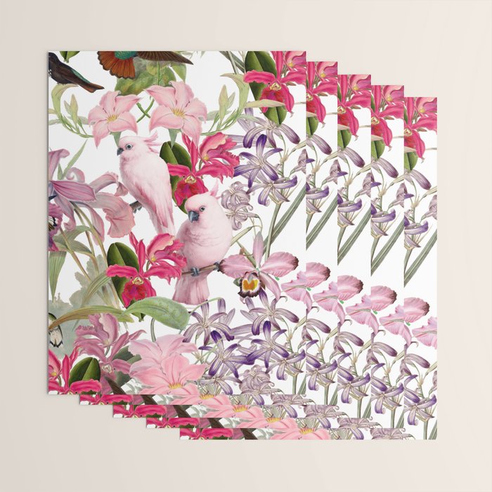 Vintage & Shabby Chic Pink Cockatoo Tropical Flower Jungle Wrapping Paper Gallery Image 3