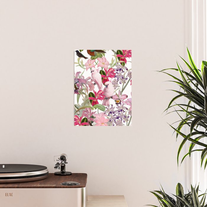 Vintage & Shabby Chic Pink Cockatoo Tropical Flower Jungle Poster Gallery Image 2