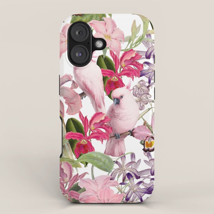 Vintage & Shabby Chic Pink Cockatoo Tropical Flower Jungle iPhone Case Gallery Image 1
