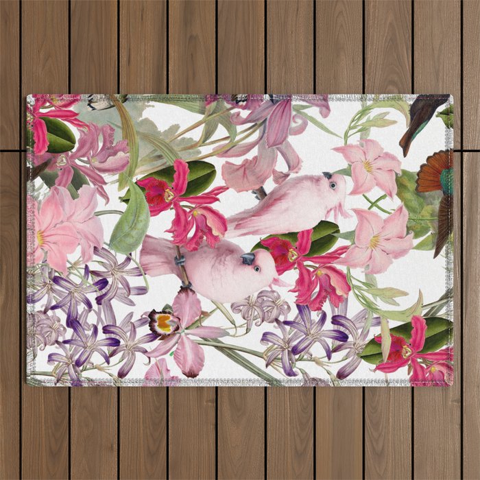 Vintage & Shabby Chic Pink Cockatoo Tropical Flower Jungle Outdoor Rug Gallery Image 1