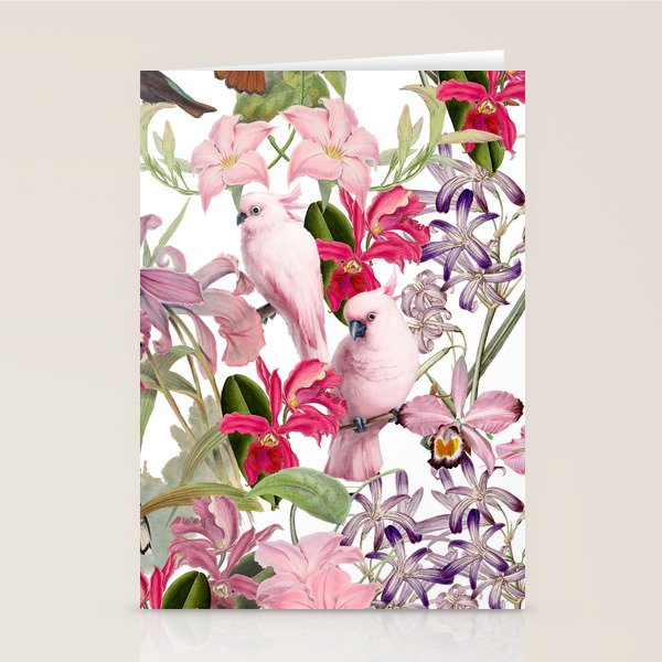 Vintage & Shabby Chic Pink Cockatoo Tropical Flower Jungle Stationery Card Gallery Image 1