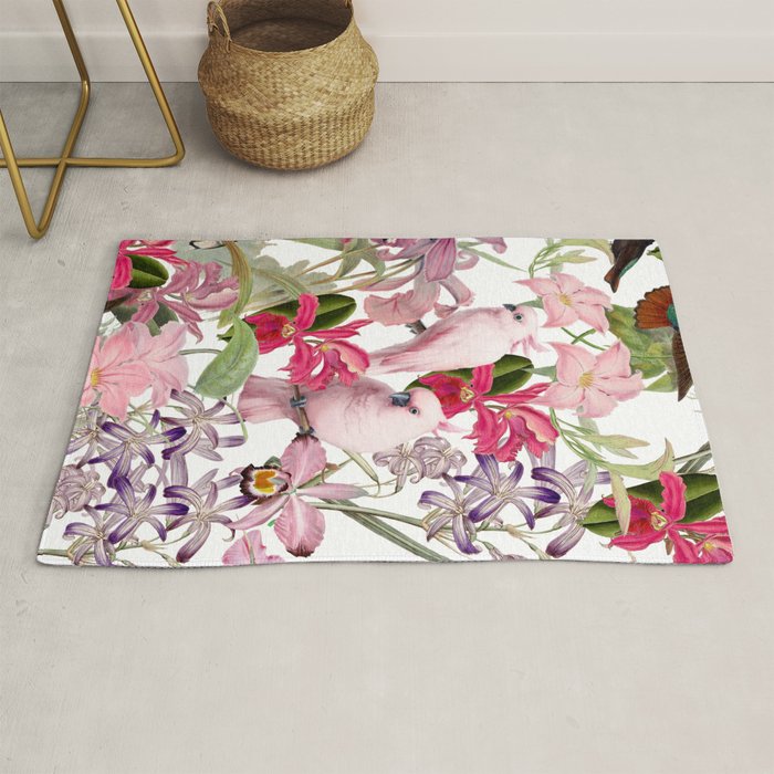 Vintage & Shabby Chic Pink Cockatoo Tropical Flower Jungle Rug Gallery Image 1