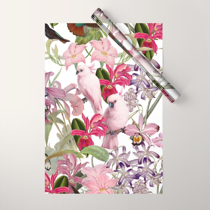 Vintage & Shabby Chic Pink Cockatoo Tropical Flower Jungle Wrapping Paper Gallery Image 1