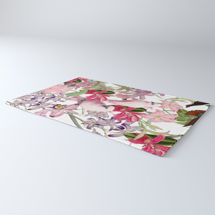 Vintage & Shabby Chic Pink Cockatoo Tropical Flower Jungle Rug Gallery Image 3