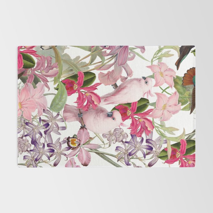 Vintage & Shabby Chic Pink Cockatoo Tropical Flower Jungle Rug Gallery Image 2