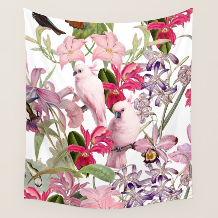 Vintage & Shabby Chic Pink Cockatoo Tropical Flower Jungle Wall Tapestry Gallery Image 4