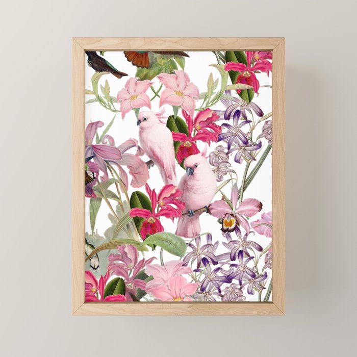 Vintage & Shabby Chic Pink Cockatoo Tropical Flower Jungle Mini Art Print Gallery Image 1