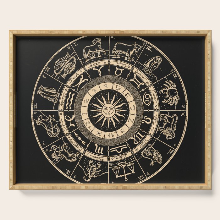 Vintage Zodiac & Astrology Chart | Charcoal & Gold Serving Tray Gallery Image 1