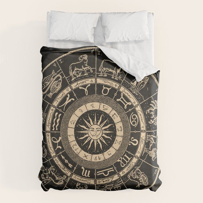 Vintage Zodiac & Astrology Chart | Charcoal & Gold Duvet Cover Gallery Image 6