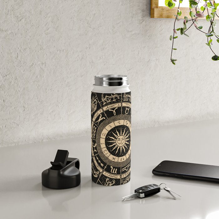 Vintage Zodiac & Astrology Chart | Charcoal & Gold Water Bottle Gallery Image 4