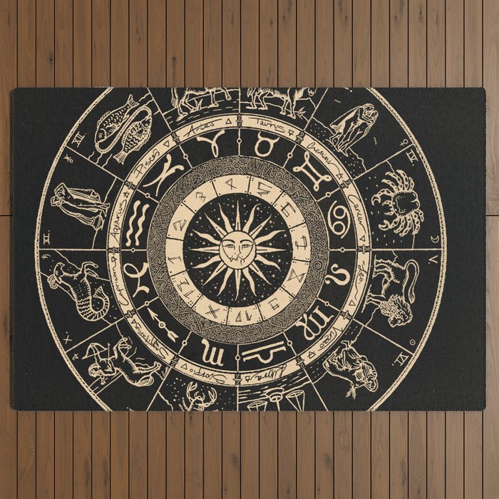 Vintage Zodiac & Astrology Chart | Charcoal & Gold Outdoor Rug Gallery Image 3