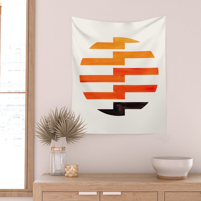 Minimalist Mid Century Circle Frame Orange Zig Zag Colorful Lightning Bolt Geometric Pattern Wall Tapestry Gallery Image 2