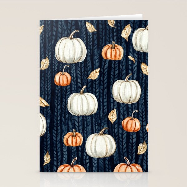 Orange and Cream Fall Pumpkins on Dark Blue Background Watercolor Stationery Card Gallery Image 2