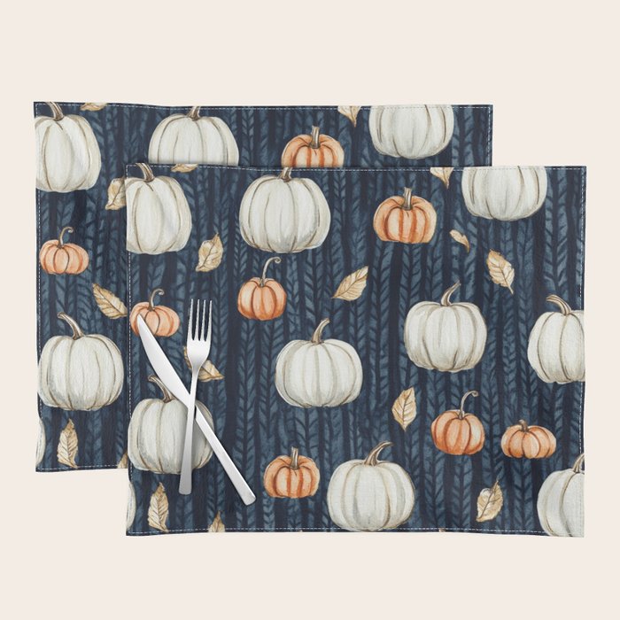 Orange and Cream Fall Pumpkins on Dark Blue Background Watercolor Placemat Gallery Image 1