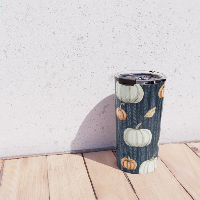 Orange and Cream Fall Pumpkins on Dark Blue Background Watercolor Travel Mug Gallery Image 4