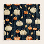 Orange and Cream Fall Pumpkins on Dark Blue Background Watercolor Wood Wall Art Gallery Image 1