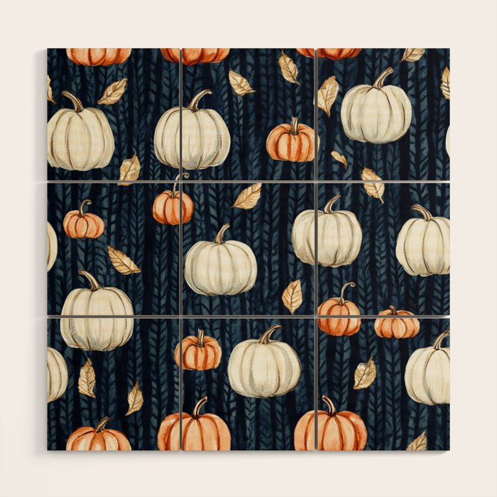 Orange and Cream Fall Pumpkins on Dark Blue Background Watercolor Wood Wall Art Gallery Image 1