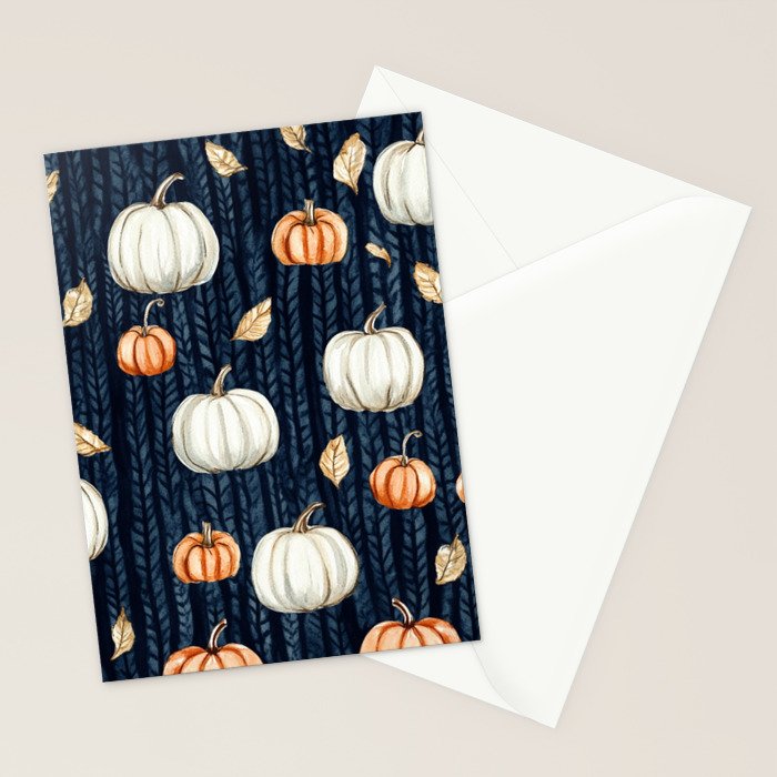 Orange and Cream Fall Pumpkins on Dark Blue Background Watercolor Stationery Card Gallery Image 2