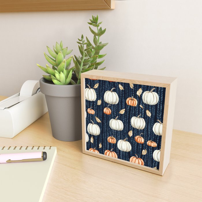 Orange and Cream Fall Pumpkins on Dark Blue Background Watercolor Mini Art Print Gallery Image 2