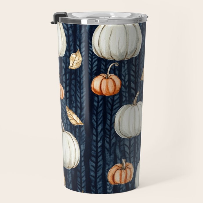 Orange and Cream Fall Pumpkins on Dark Blue Background Watercolor Travel Mug Gallery Image 3