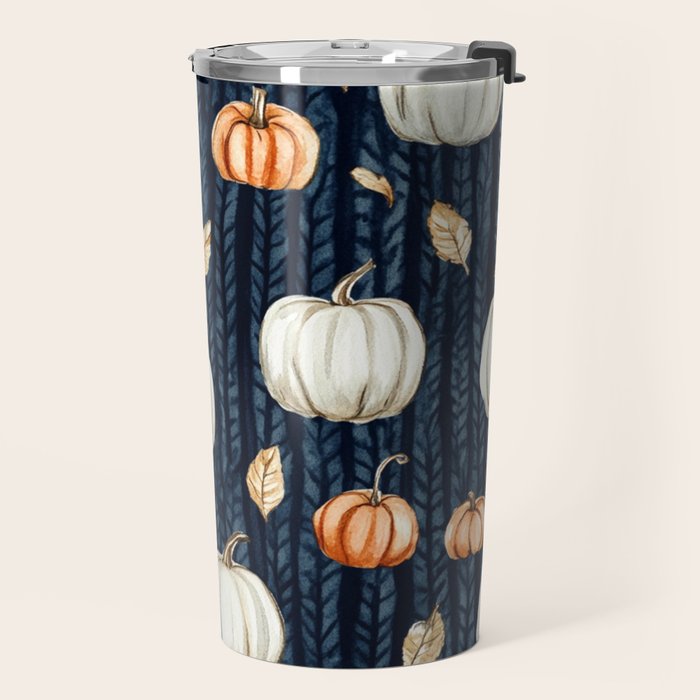 Orange and Cream Fall Pumpkins on Dark Blue Background Watercolor Travel Mug Gallery Image 2