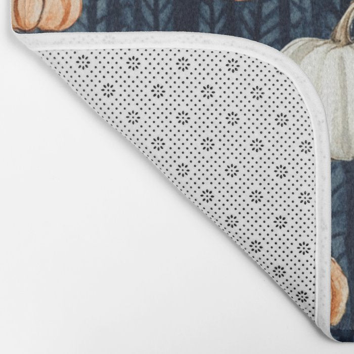 Orange and Cream Fall Pumpkins on Dark Blue Background Watercolor Bath Mat Gallery Image 2