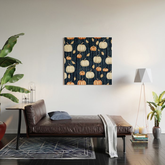 Orange and Cream Fall Pumpkins on Dark Blue Background Watercolor Wood Wall Art Gallery Image 2