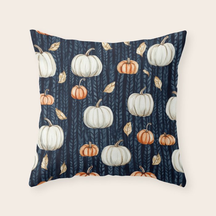 Orange and Cream Fall Pumpkins on Dark Blue Background Watercolor Throw Pillow Gallery Image 6