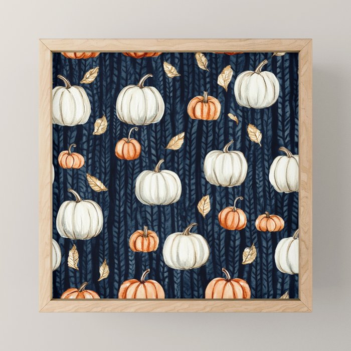 Orange and Cream Fall Pumpkins on Dark Blue Background Watercolor Mini Art Print Gallery Image 1