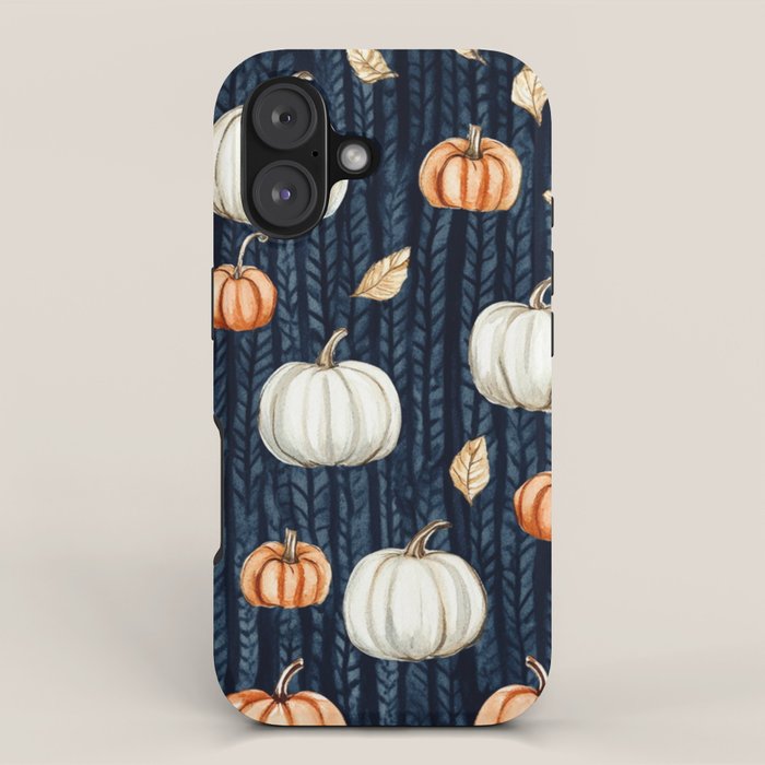Orange and Cream Fall Pumpkins on Dark Blue Background Watercolor iPhone Case