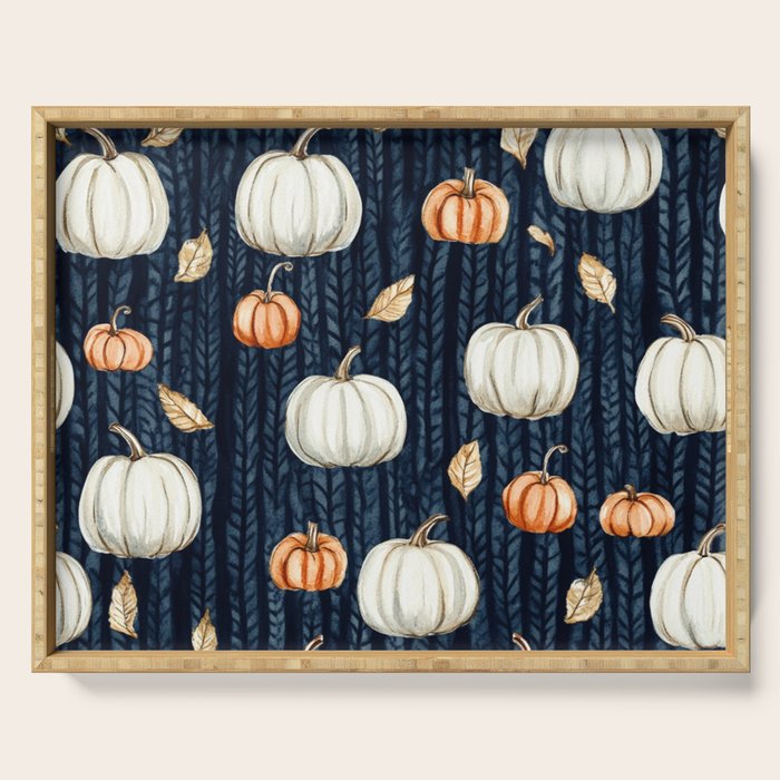Orange and Cream Fall Pumpkins on Dark Blue Background Watercolor Serving Tray Gallery Image 1