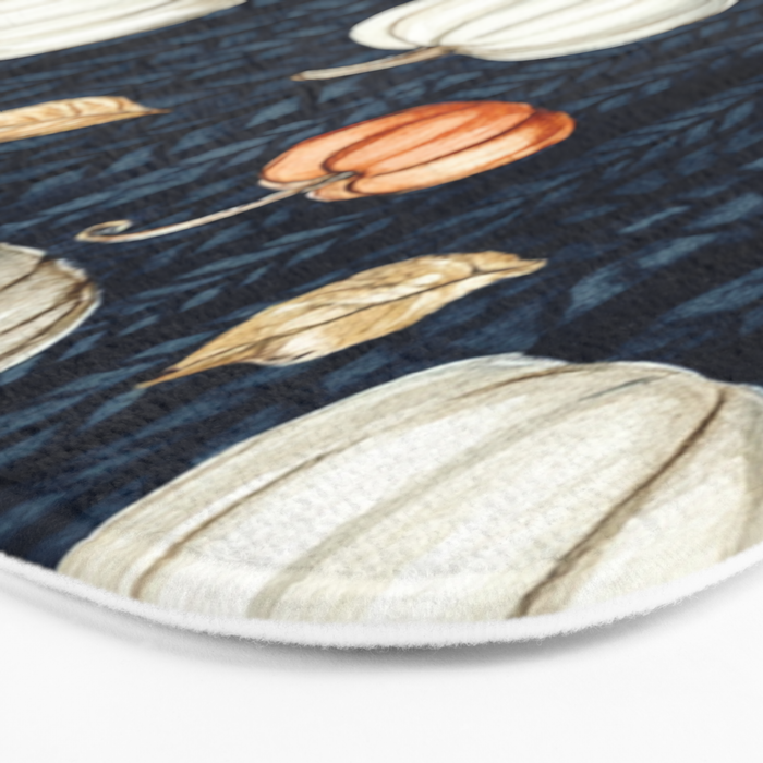 Orange and Cream Fall Pumpkins on Dark Blue Background Watercolor Bath Mat Gallery Image 3