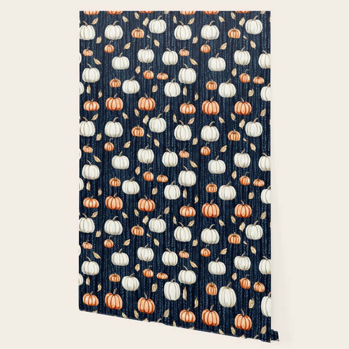 Orange and Cream Fall Pumpkins on Dark Blue Background Watercolor Wallpaper Gallery Image 2