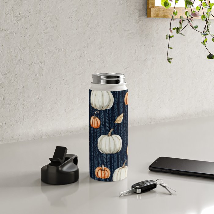 Orange and Cream Fall Pumpkins on Dark Blue Background Watercolor Water Bottle Gallery Image 4