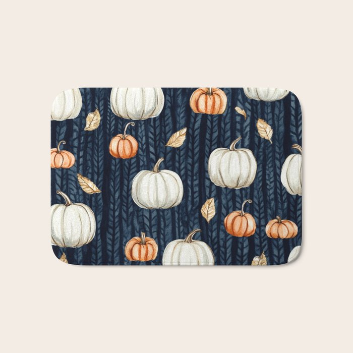 Orange and Cream Fall Pumpkins on Dark Blue Background Watercolor Bath Mat Gallery Image 1
