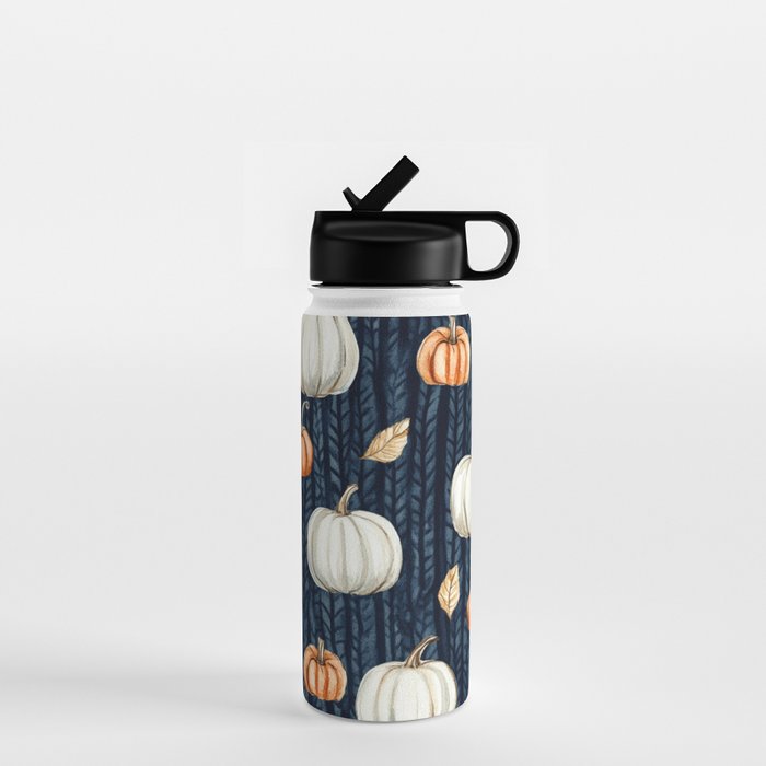 Orange and Cream Fall Pumpkins on Dark Blue Background Watercolor Water Bottle Gallery Image 1